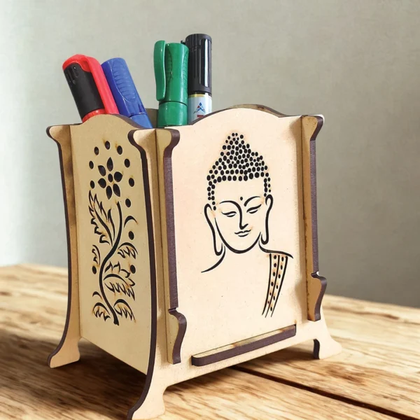 RTGHCRAFT Customizable Buddha MDF Pen Stand – 80mm Cube | Desk Organizer & Gift Item