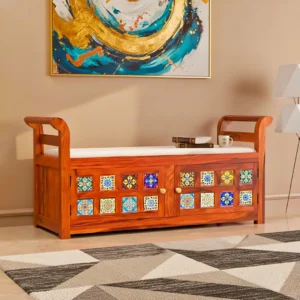 2-Seater Settee with Painted Ceramic Tile with Storage Honey Finish