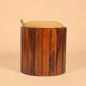 Sheesham Wooden Round Storage Ottoman Stool with Cushion Lid