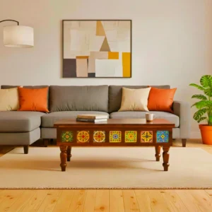 Boho Sheesham Wood Coffee Table with Ceramic Tiles