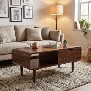 Round Center Table Sheesham Wood l Rectangle Coffee Table with Shelf and Drawer Storage Solid Sheesham Wooden Tea Tables