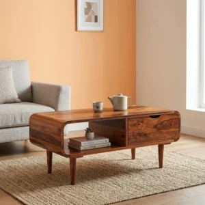 Round Center Table Sheesham Wood l Rectangle Coffee Table with Shelf and Drawer Storage Solid Sheesham Wooden Tea Tables