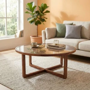 Round Center Table With Wooden Top With Glass