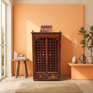 Solid Wood Pooja Mandir With Shikhara Top And Jali Doors