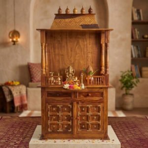 Traditional Solid Sheesham Wood Pooja Mandir Featuring Storage Cabinets, Drawers, And An Upper Mandap Structure