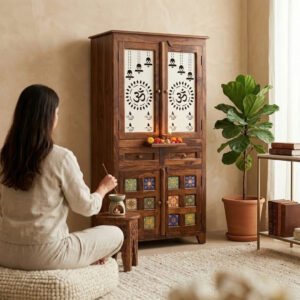A Handcrafted Wooden Home Temple (Mandir) Made From Solid Sheesham Wood, Featuring Intricate Jaali Patterns And Colorful Traditional Tile Accents On The Lower Cabinet Doors