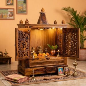 Solid Wood Pooja Mandir Featuring Carved OM Doors, A Pull-Out Drawer