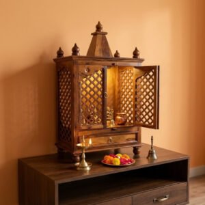 Solid Wood Pooja Mandir With Shikhara Top And Jali Doors