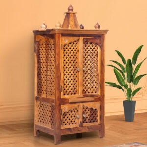 Solid Wood Pooja Mandir With Carved Lattice Doors