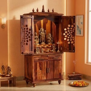Solid Sheesham Wood Pooja Mandir With Carved Double Doors