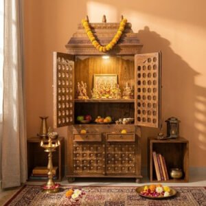 Handcrafted Solid Wood Pooja Mandir With Carved Doors