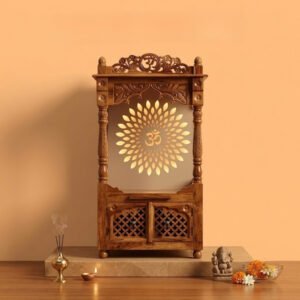 This Handcrafted Wooden Pooja Mandir Features A Striking Backlit Om Motif Surrounded by An Intricate Floral Halo And Convenient Lower Storage Cabinets