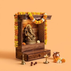 Wooden Home Temple with Drawer Features a Honey Finish And A Convenient built-in storage drawer for your daily pooja essentials